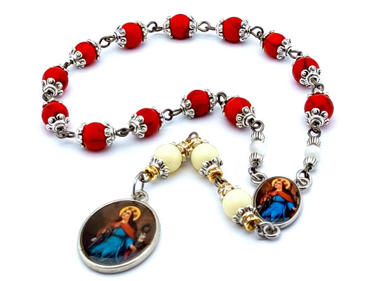 Saint Philomena unique rosary beads prayer chaplet with red and white howlite  gemstone beads, silver picture medals.