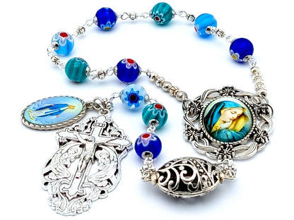 Our Lady of Sorrows unique rosary beads servite prayer chaplet with millefiori glass beads, silver crucifix and medals.