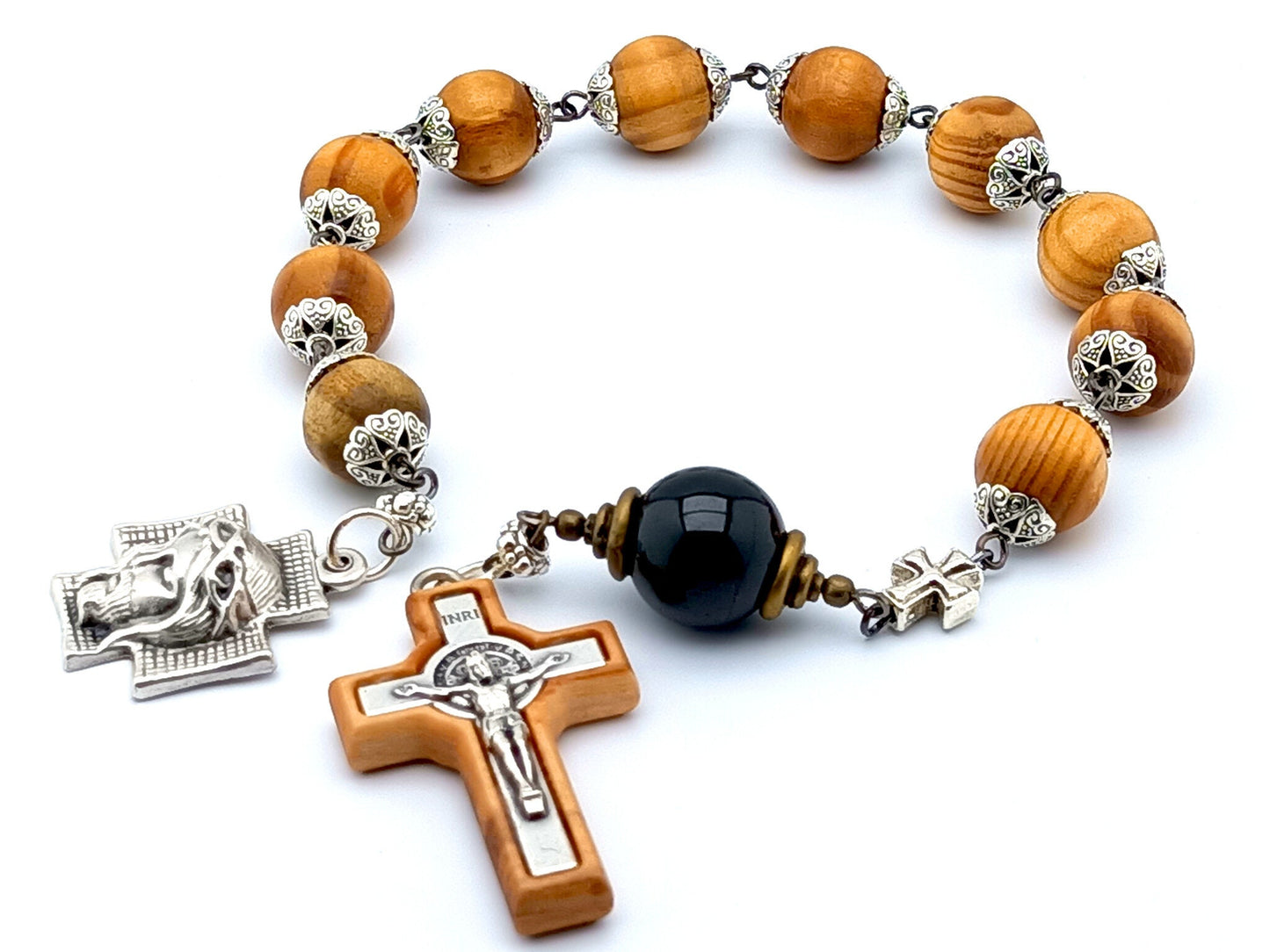 Crown of Thorns unique rosary beads single decade rosary beads with wooden and onyx beads, olive wood and silver crucifix and silver medal.