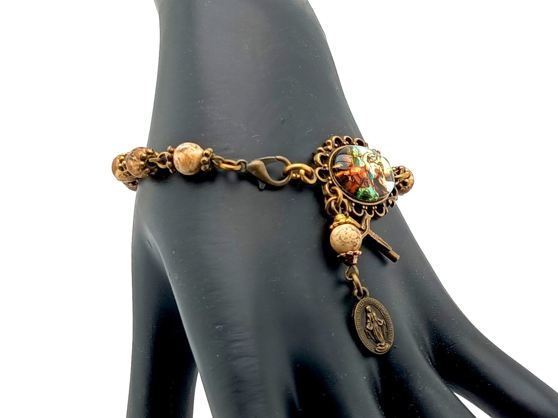 Saint Michael unique rosary beads single decade bracelet with agate gemstone beads, bronze crucifix, Miraculous medal and picture centre medal.