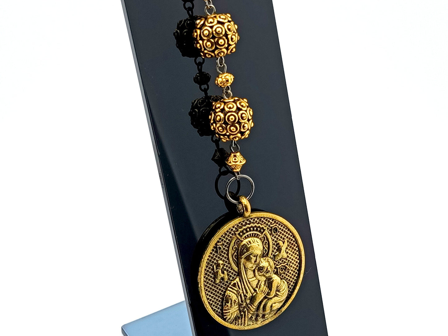 Our Lady of Succor unique rosary beads three Hail Marys purse clip with golden beads, medal and clip.