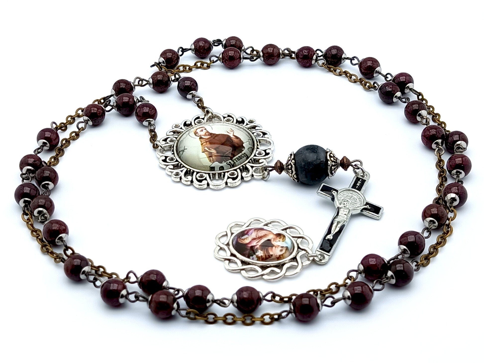 Saint Anthony of Padua unique rosary beads prayer chaplet with blood stone gemstone beads, black enamel crucifix and silver picture medals.