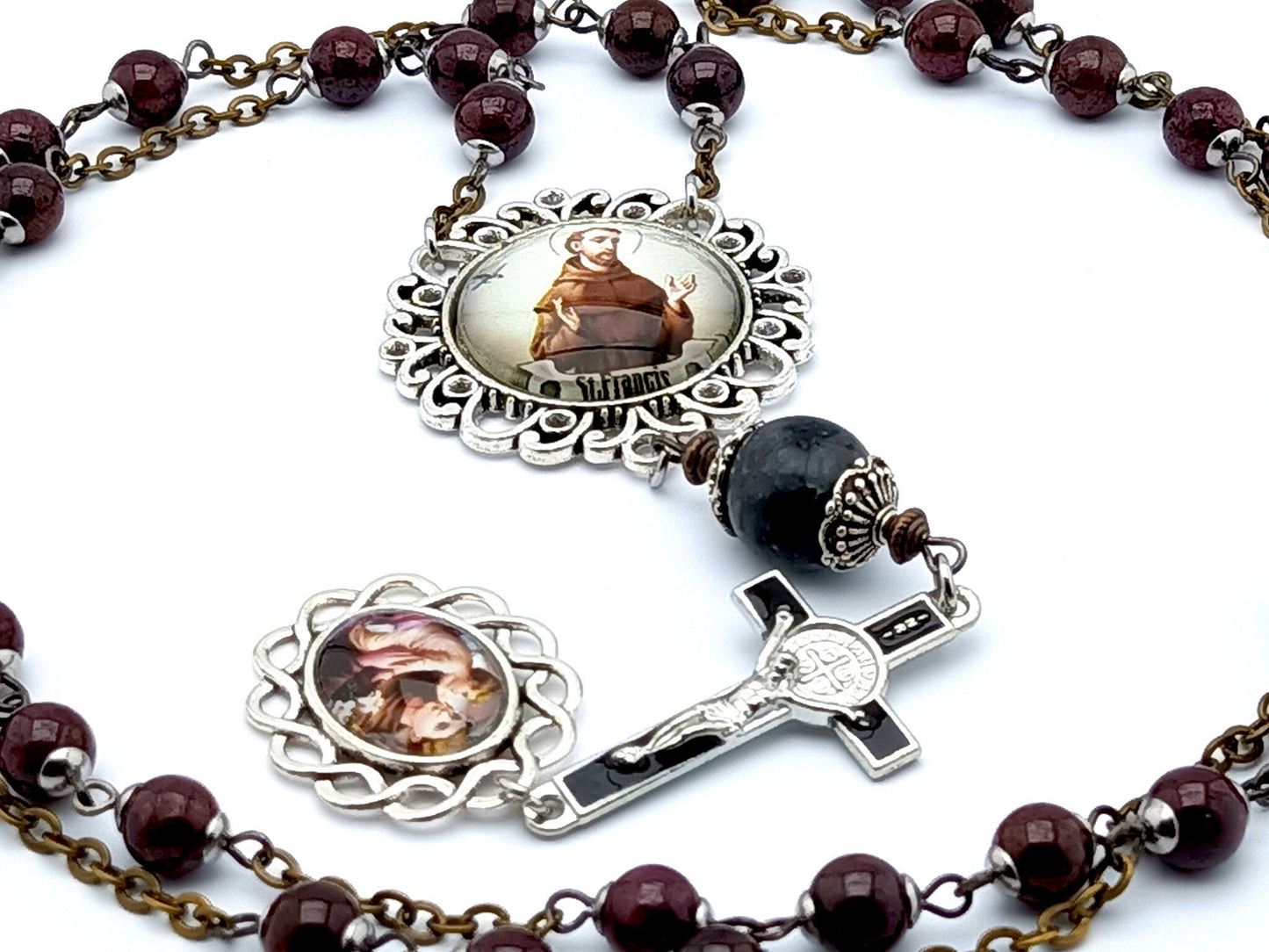 Saint Anthony of Padua unique rosary beads prayer chaplet with blood stone gemstone beads, black enamel crucifix and silver picture medals.