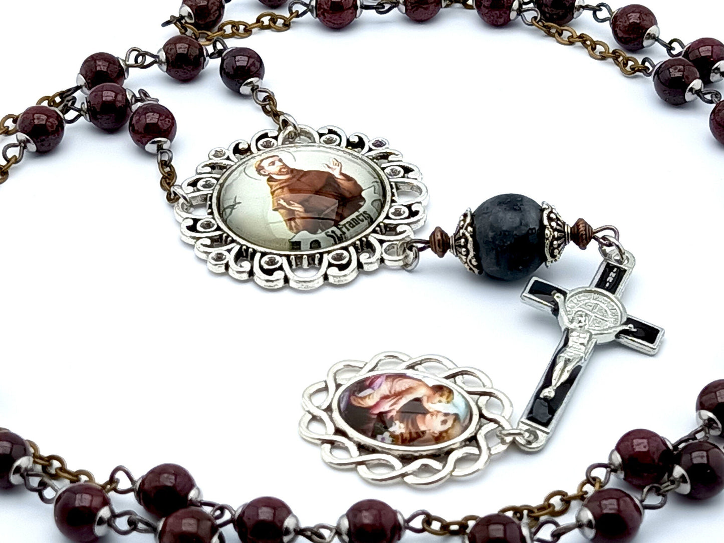 Saint Anthony of Padua unique rosary beads prayer chaplet with blood stone gemstone beads, black enamel crucifix and silver picture medals.