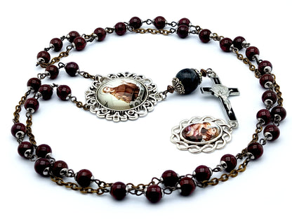 Saint Anthony of Padua unique rosary beads prayer chaplet with blood stone gemstone beads, black enamel crucifix and silver picture medals.