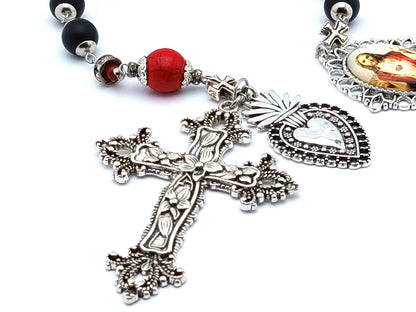 Sacred Heart of Jesus unique rosary beads single decade rosary with matt black onyx gemstone beads, silver cross and Sacred Heart medals.