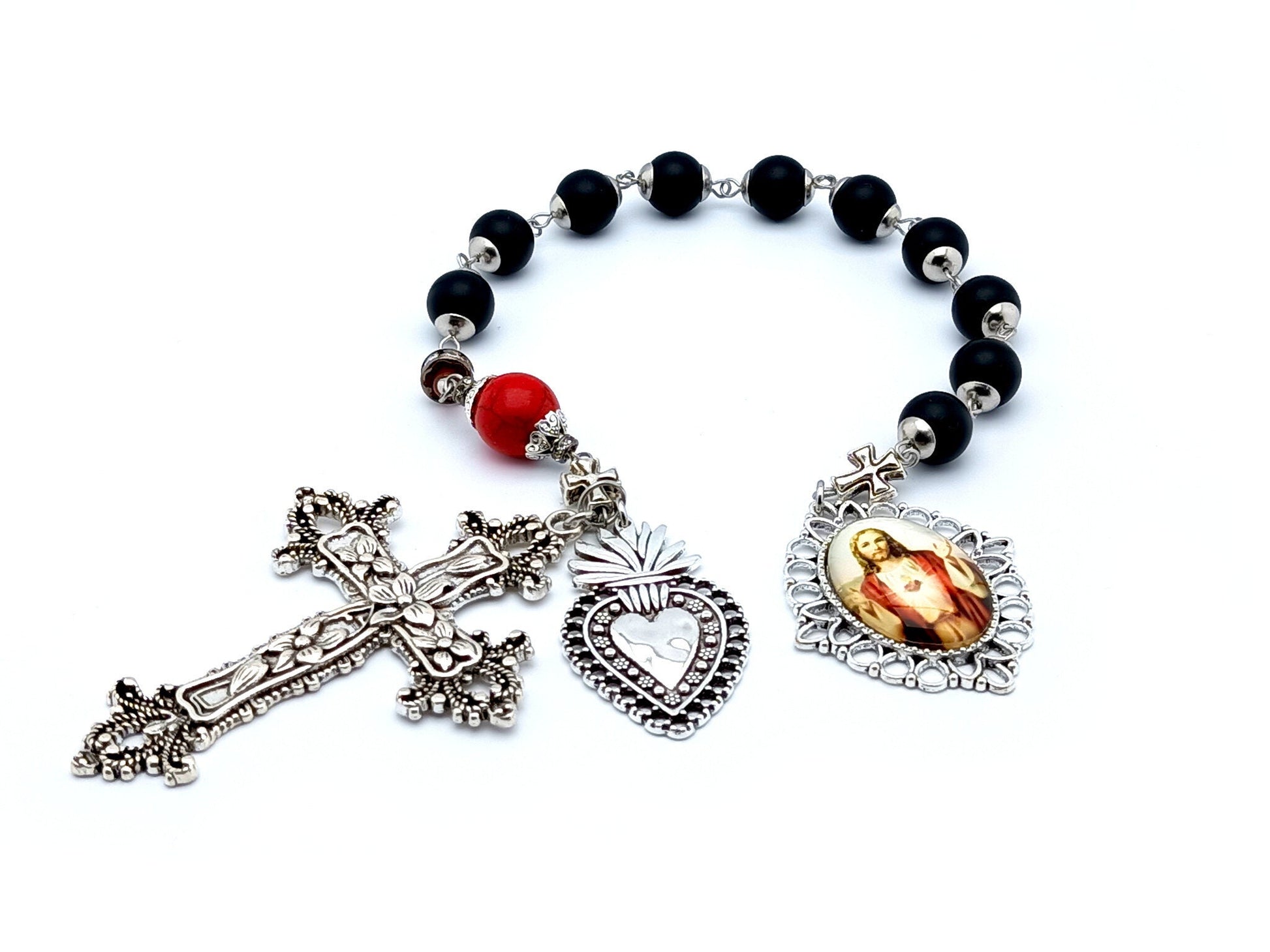 Sacred Heart of Jesus unique rosary beads single decade rosary with matt black onyx gemstone beads, silver cross and Sacred Heart medals.