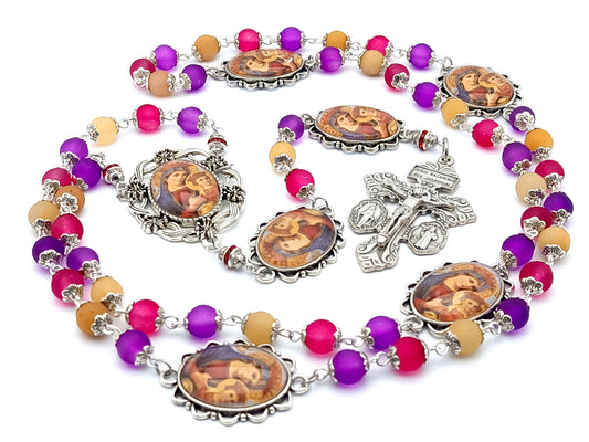 Our Lady of Perpetual Help unique rosary beads with multi coloured glass beads, silver pardon crucifix and picture centre medal.