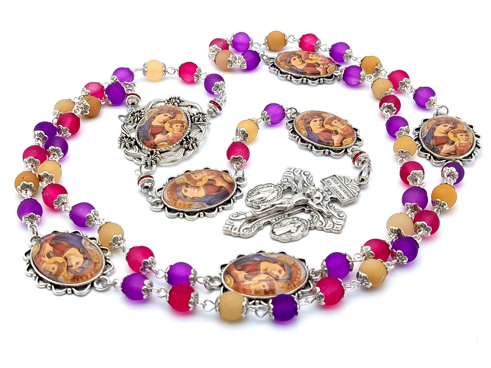 Our Lady of Perpetual Help unique rosary beads with multi coloured glass beads, silver pardon crucifix and picture centre medal.