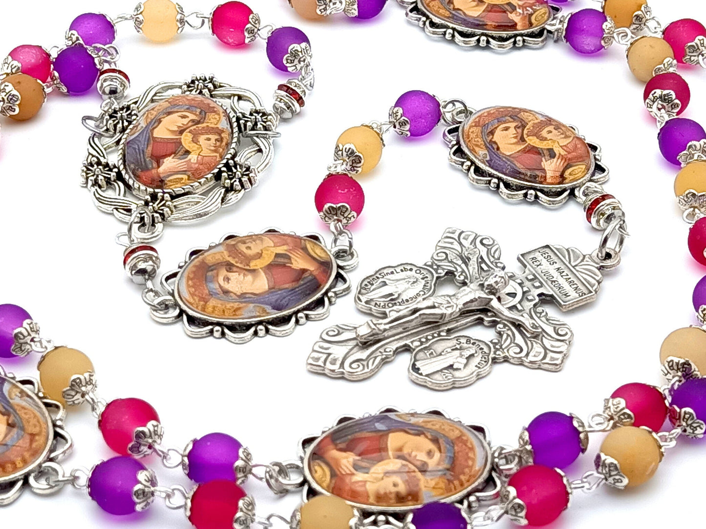 Our Lady of Perpetual Help unique rosary beads with multi coloured glass beads, silver pardon crucifix and picture centre medal.