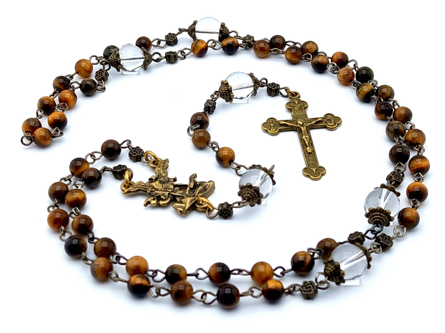 Saint Michael unique rosary beads with tigers eyes gemstone and glass beads, bronze crucifix and centre medal.