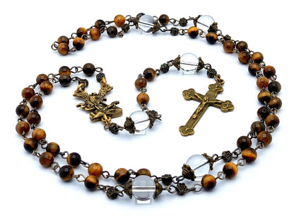 Saint Michael unique rosary beads with tigers eyes gemstone and glass beads, bronze crucifix and centre medal.