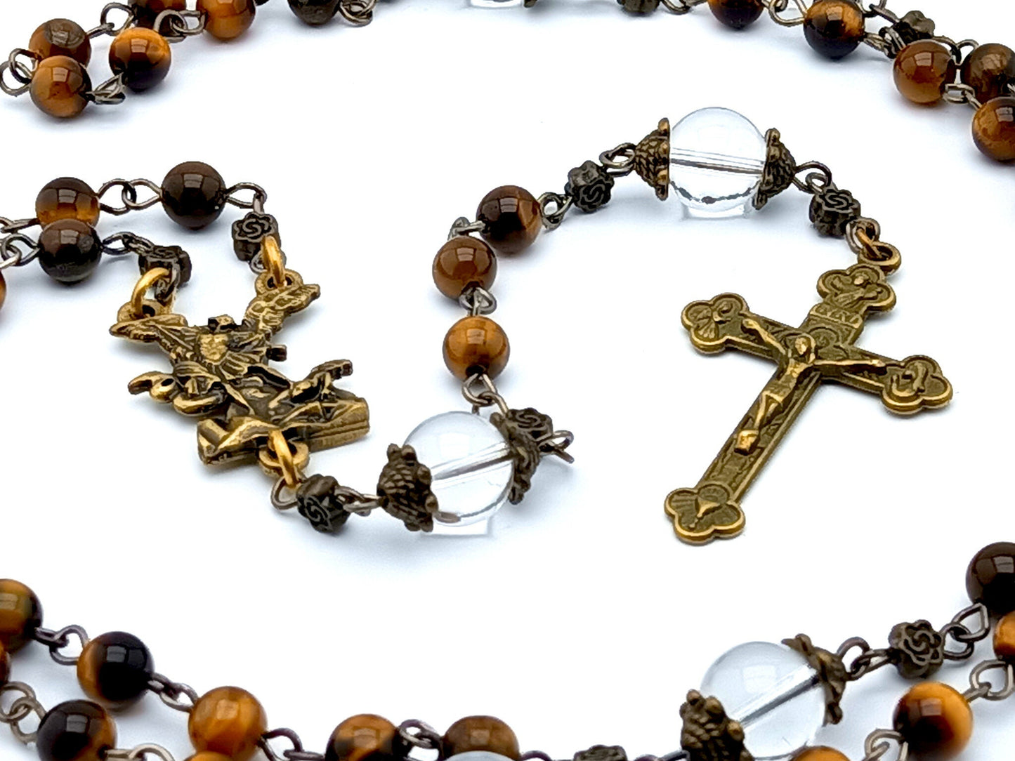 Saint Michael unique rosary beads with tigers eyes gemstone and glass beads, bronze crucifix and centre medal.