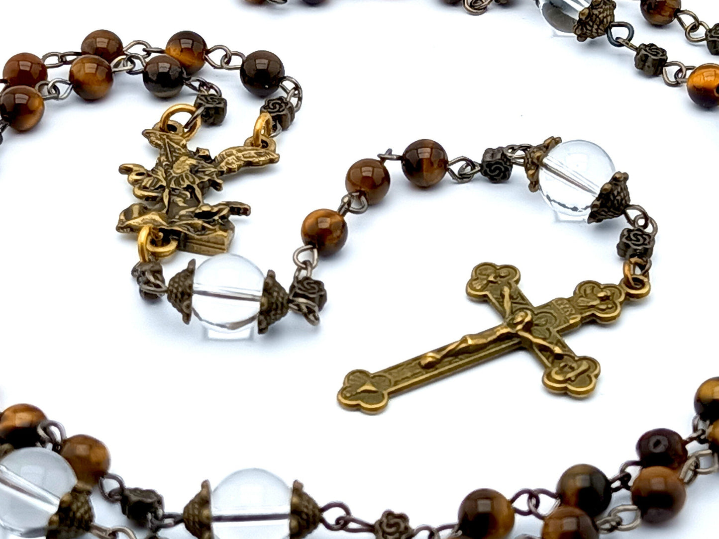 Saint Michael unique rosary beads with tigers eyes gemstone and glass beads, bronze crucifix and centre medal.