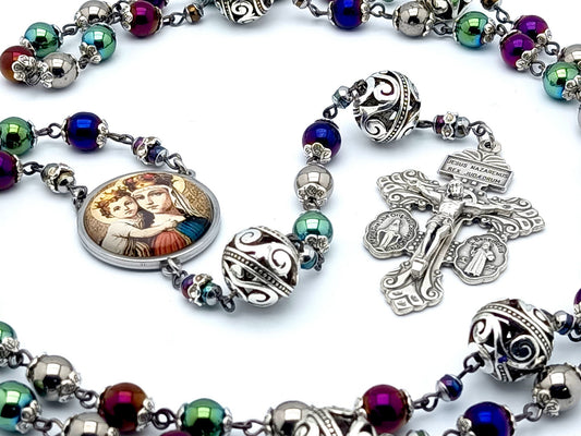Our Lady Helper of Christians unique rosary beads with multi coloured hematite and silver beads, silver pardon crucifix and stainless steel picture centre medal.