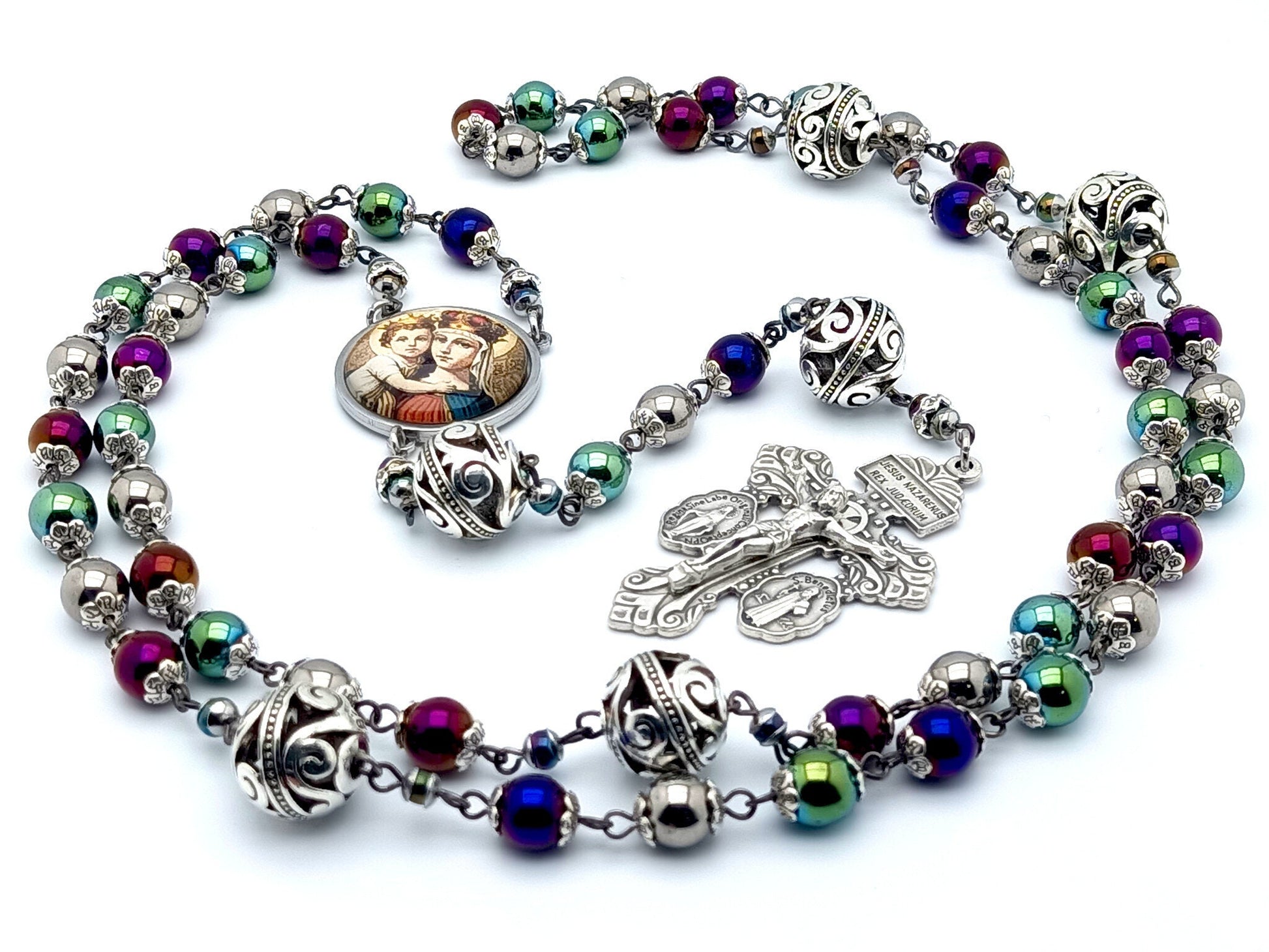 Our Lady Helper of Christians unique rosary beads with multi coloured hematite and silver beads, silver pardon crucifix and stainless steel picture centre medal.