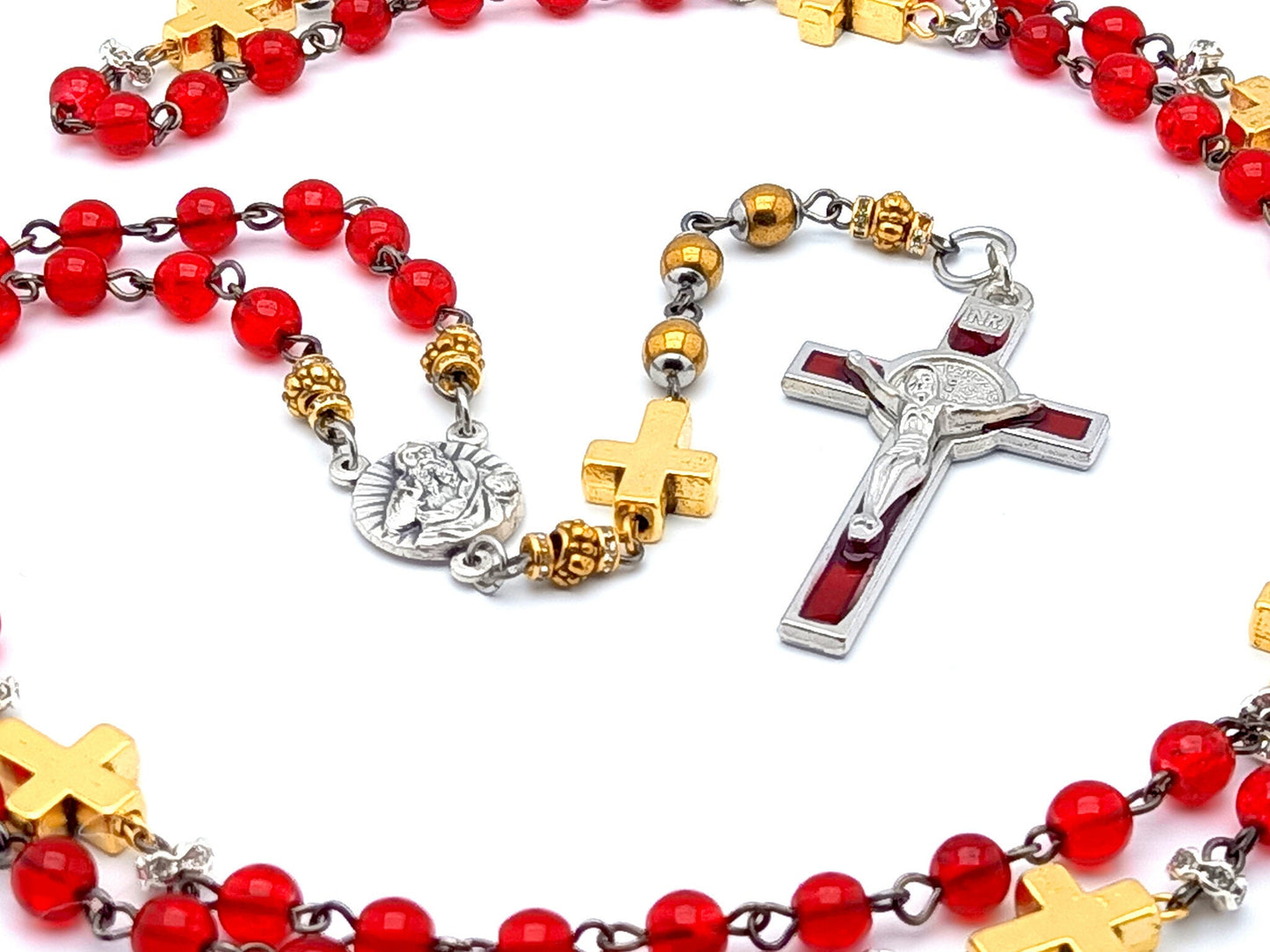 God the Father unique rosary beads prayer chaplet with red glass and gold beads, red enamel and silver crucifix and centre medal.