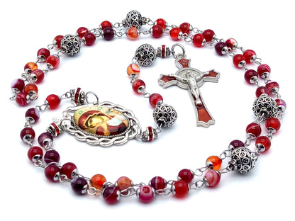 Our Lady of Perpetual Succor unique rosary beads with red striped agate gemstone and silver beads, red and silver enamel crucifix and picture centre medal.