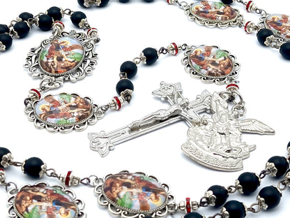 Saint Michael unique rosary beads with matt onyx beads, silver picture pater beads, silver crucifix, medal and picture centre medal.