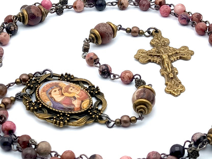 Our Lady of Perpetual Help unique rosary beads with rhodonite gemstone beads, bronze crucifix and picture centre medal.