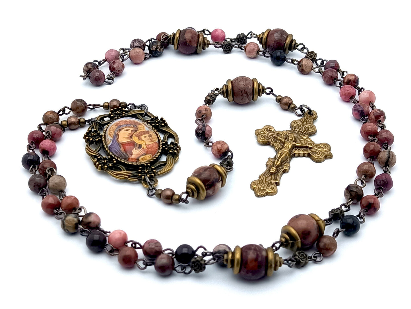 Our Lady of Perpetual Help unique rosary beads with rhodonite gemstone beads, bronze crucifix and picture centre medal.