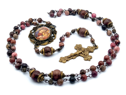 Our Lady of Perpetual Help unique rosary beads with rhodonite gemstone beads, bronze crucifix and picture centre medal.