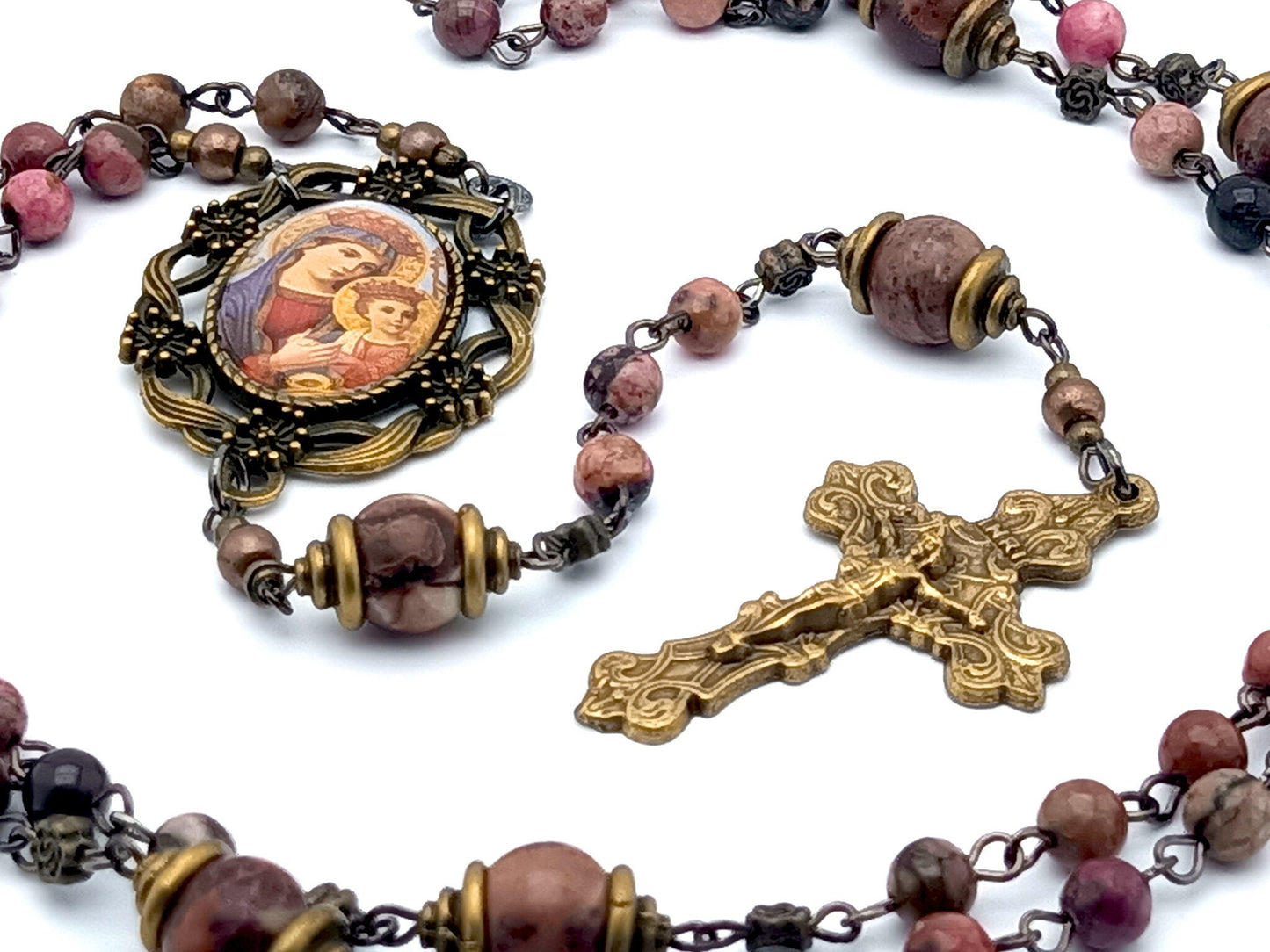 Our Lady of Perpetual Help unique rosary beads with rhodonite gemstone beads, bronze crucifix and picture centre medal.