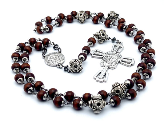 Holy Face of Jesus unique rosary beads with dark wood and silver beads, Crown of Thorns crucifix and Holy face centre medal.