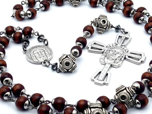 Holy Face of Jesus unique rosary beads with dark wood and silver beads, Crown of Thorns crucifix and Holy face centre medal.