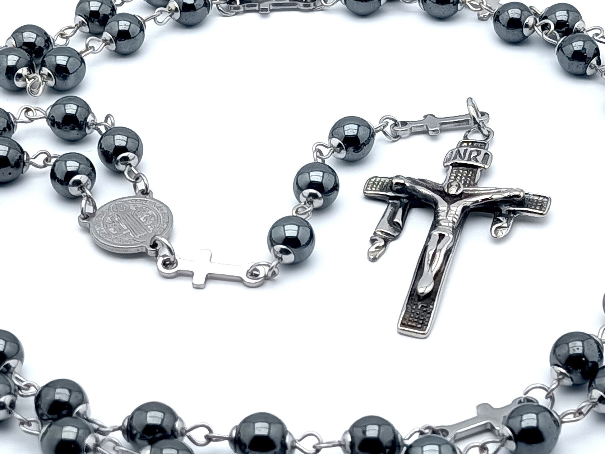 Saint Benedict unique rosary beads with stainless steel and hematite beads, stainless steel crucifix and centre medal.