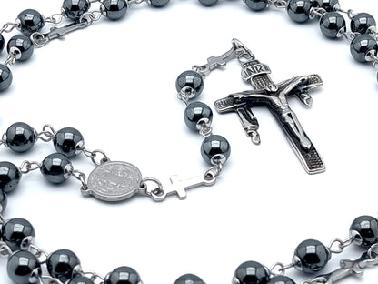 Saint Benedict unique rosary beads with stainless steel and hematite beads, stainless steel crucifix and centre medal.