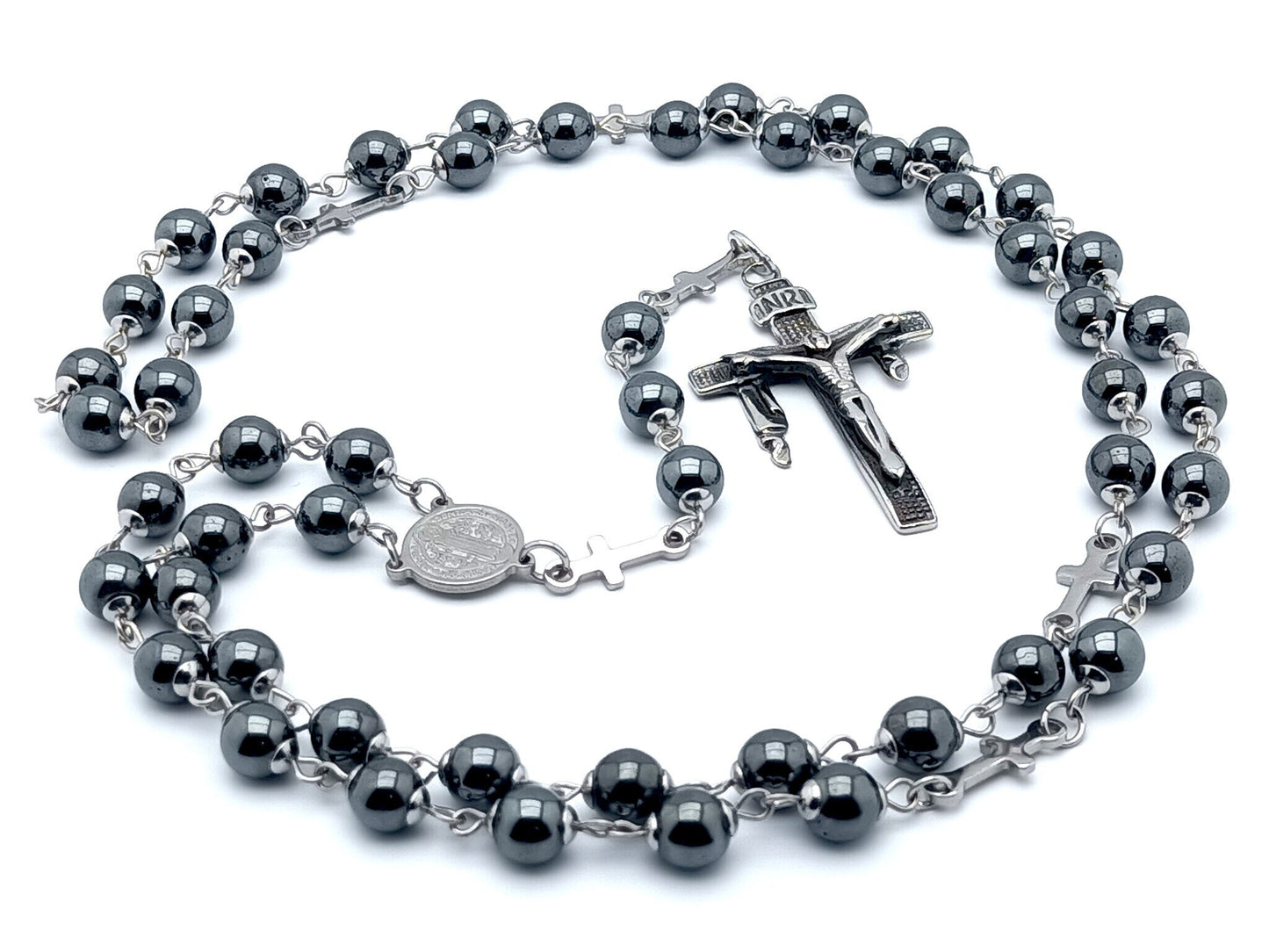 Saint Benedict unique rosary beads with stainless steel and hematite beads, stainless steel crucifix and centre medal.