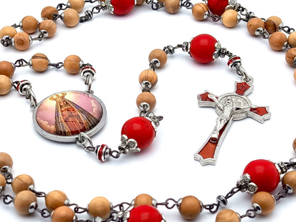 Our Lady of Charity unique rosary beads with wooden and red gemstone beads, red enamel and silver Saint Benedict crucifix and picture centre medal.