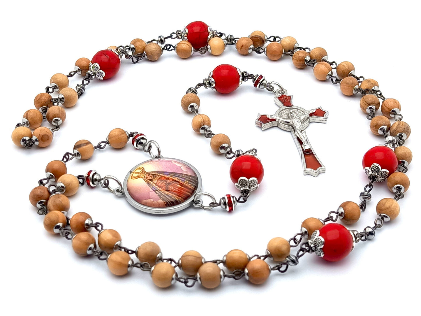 Our Lady of Charity unique rosary beads with wooden and red gemstone beads, red enamel and silver Saint Benedict crucifix and picture centre medal.