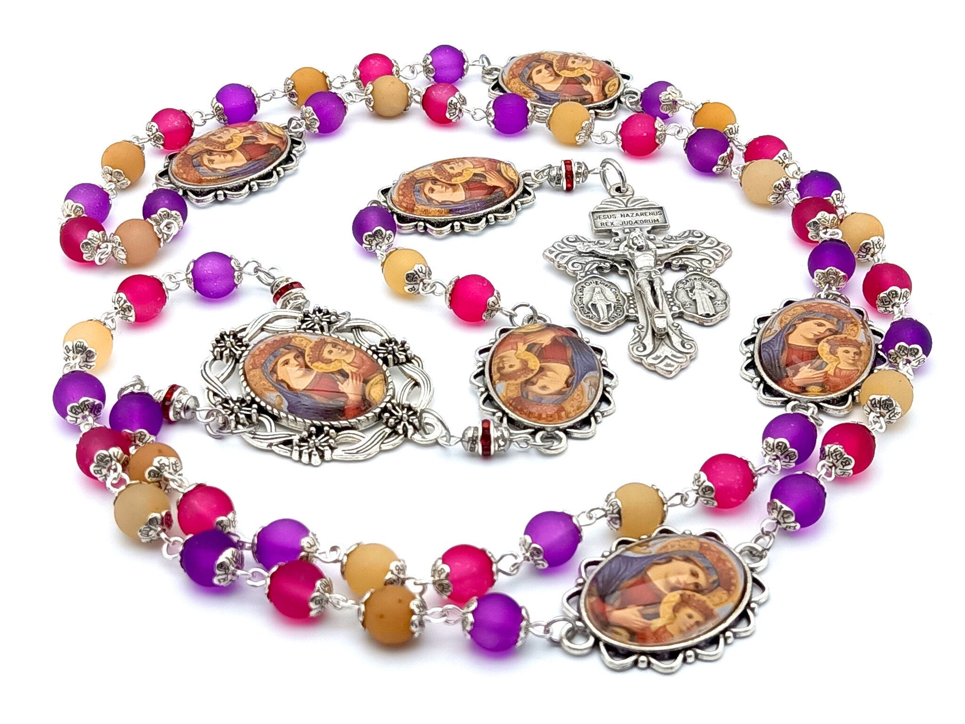 Our Lady of Perpetual Help unique rosary beads with multi coloured glass beads, silver pardon crucifix and picture centre medal.