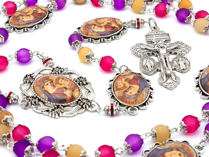 Our Lady of Perpetual Help unique rosary beads with multi coloured glass beads, silver pardon crucifix and picture centre medal.