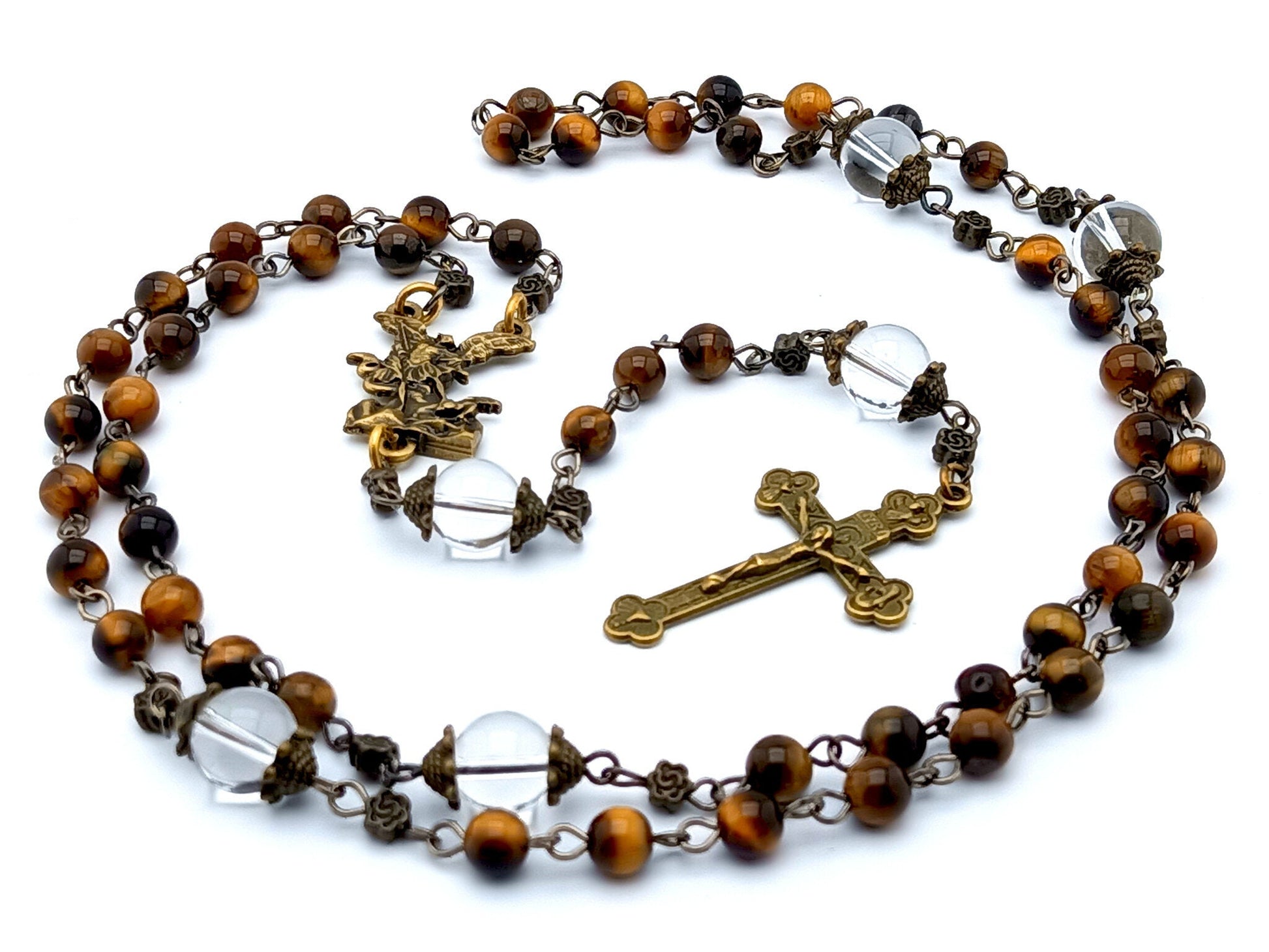 Saint Michael unique rosary beads with tigers eyes gemstone and glass beads, bronze crucifix and centre medal.