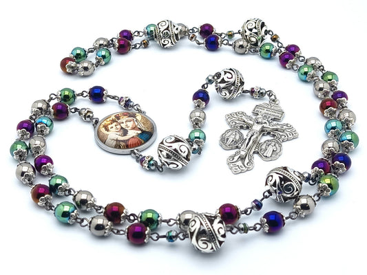 Our Lady Helper of Christians unique rosary beads with multi coloured hematite and silver beads, silver pardon crucifix and stainless steel picture centre medal.