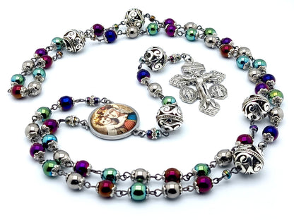 Our Lady Helper of Christians unique rosary beads with multi coloured hematite and silver beads, silver pardon crucifix and stainless steel picture centre medal.