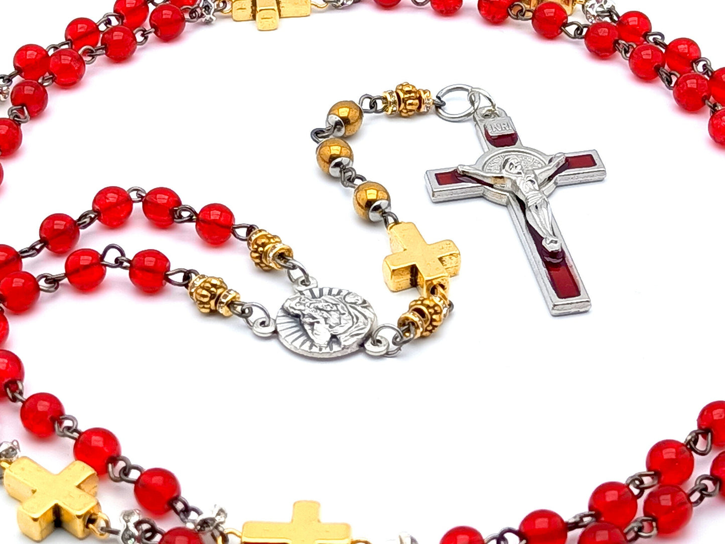 God the Father unique rosary beads prayer chaplet with red glass and gold beads, red enamel and silver crucifix and centre medal.