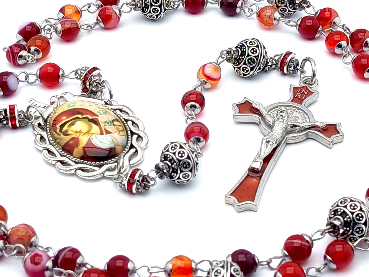 Our Lady of Perpetual Succor unique rosary beads with red striped agate gemstone and silver beads, red and silver enamel crucifix and picture centre medal.