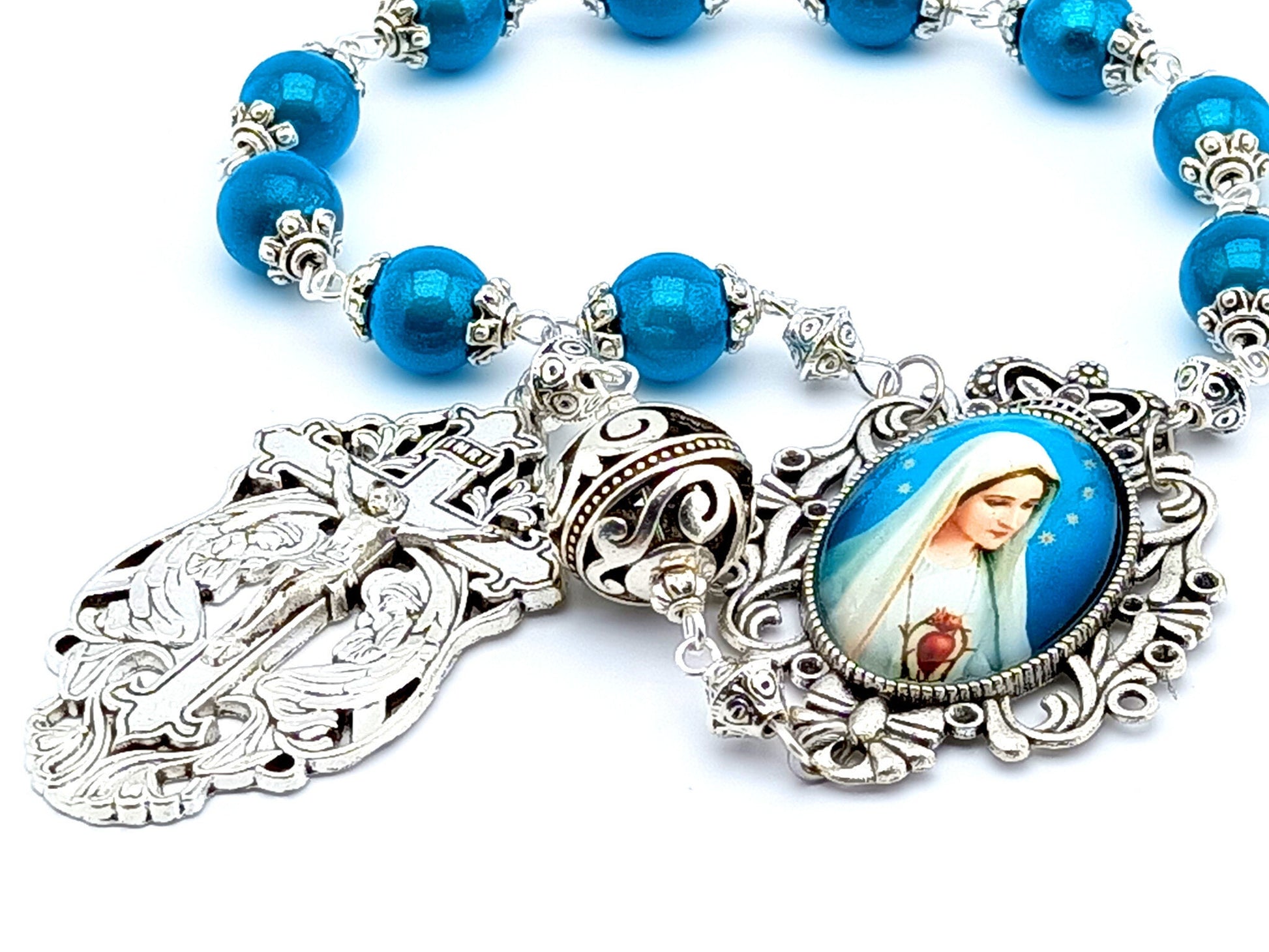 Immaculate Heart of Mary unique rosary beads single decade rosary beads with blue and silver beads, filigree crucifix and picture centre medal.