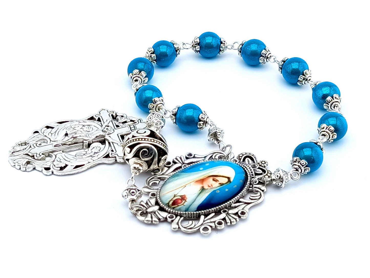 Immaculate Heart of Mary unique rosary beads single decade rosary beads with blue and silver beads, filigree crucifix and picture centre medal.