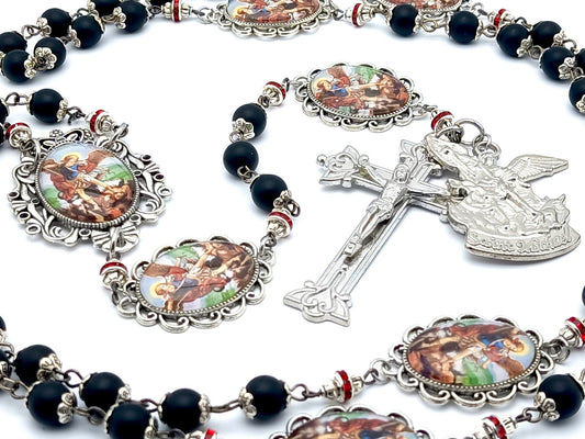 Saint Michael unique rosary beads with matt onyx beads, silver picture pater beads, silver crucifix, medal and picture centre medal.