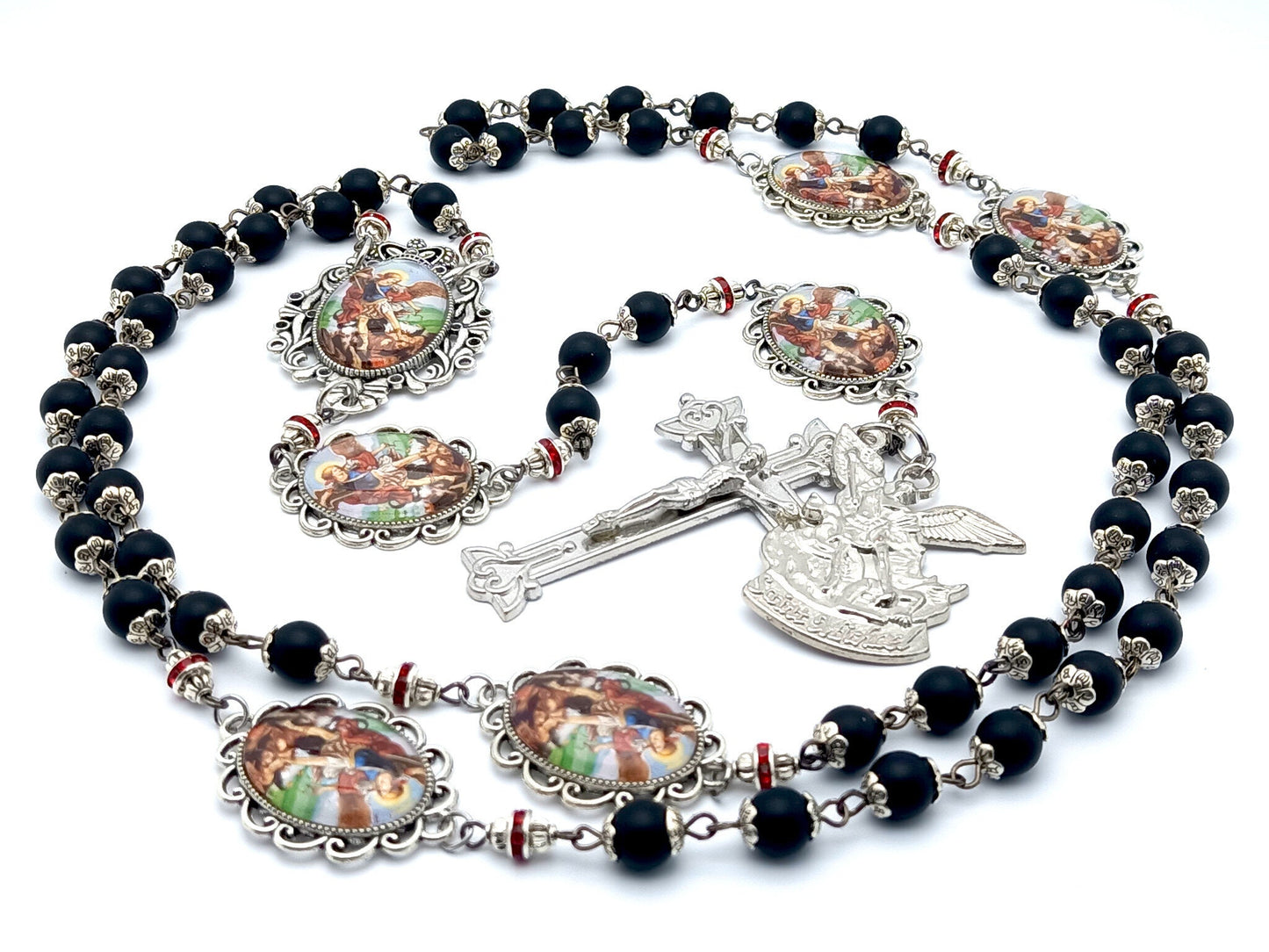 Saint Michael unique rosary beads with matt onyx beads, silver picture pater beads, silver crucifix, medal and picture centre medal.