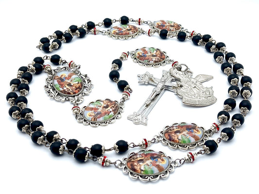 Saint Michael unique rosary beads with matt onyx beads, silver picture pater beads, silver crucifix, medal and picture centre medal.