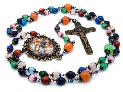 Holy Family unique rosary beads with multi coloured gemstone beads, large brass crucifix and picture centre medal.