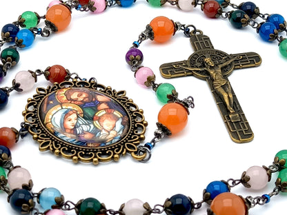 Holy Family unique rosary beads with multi coloured gemstone beads, large brass crucifix and picture centre medal.