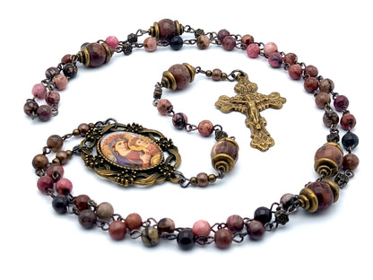 Our Lady of Perpetual Help unique rosary beads with rhodonite gemstone beads, bronze crucifix and picture centre medal.