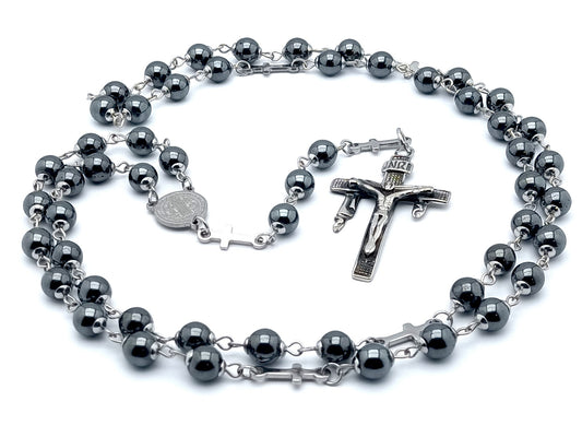 Saint Benedict unique rosary beads with stainless steel and hematite beads, stainless steel crucifix and centre medal.